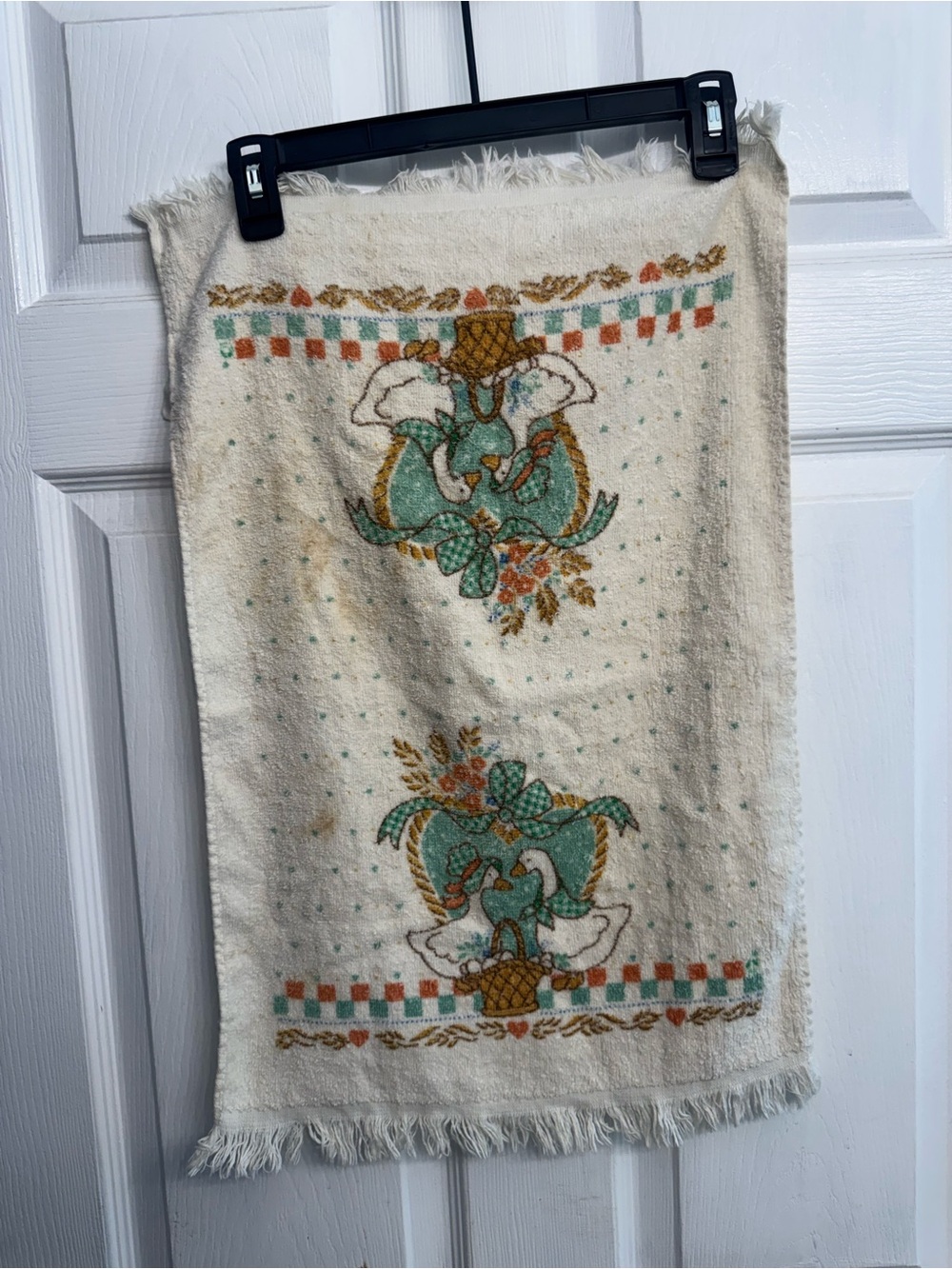 Vintage Floral Goose Cotton Hand Towel in Cream, Teal & Rust